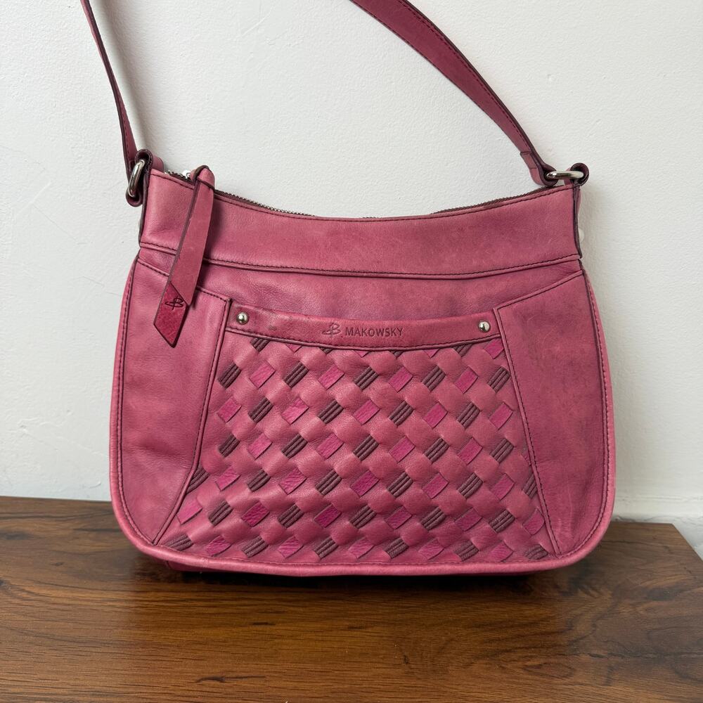 B Makowsky Pink Leather Shoulder Bag Woven Front Hobo Purse Zip Y2K